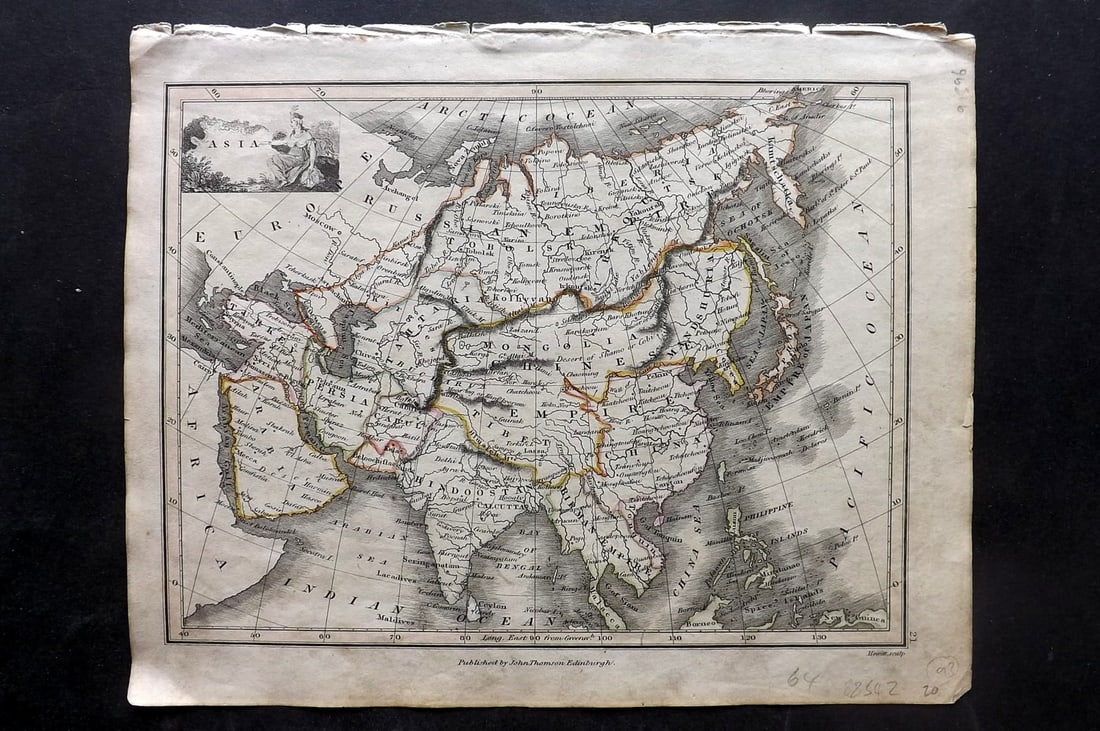 Thomson, John (Pub) 1825 Map. Asia: Copper Engraved Map Published 1825 by John Thomson, Edinburgh for "The Edinburgh School Atlas" by N. R. Hewitt. Maps Engraved by Hewitt. Original Outline Hand Colour. Rare. Paper Size: 10.5 x 8 inch (