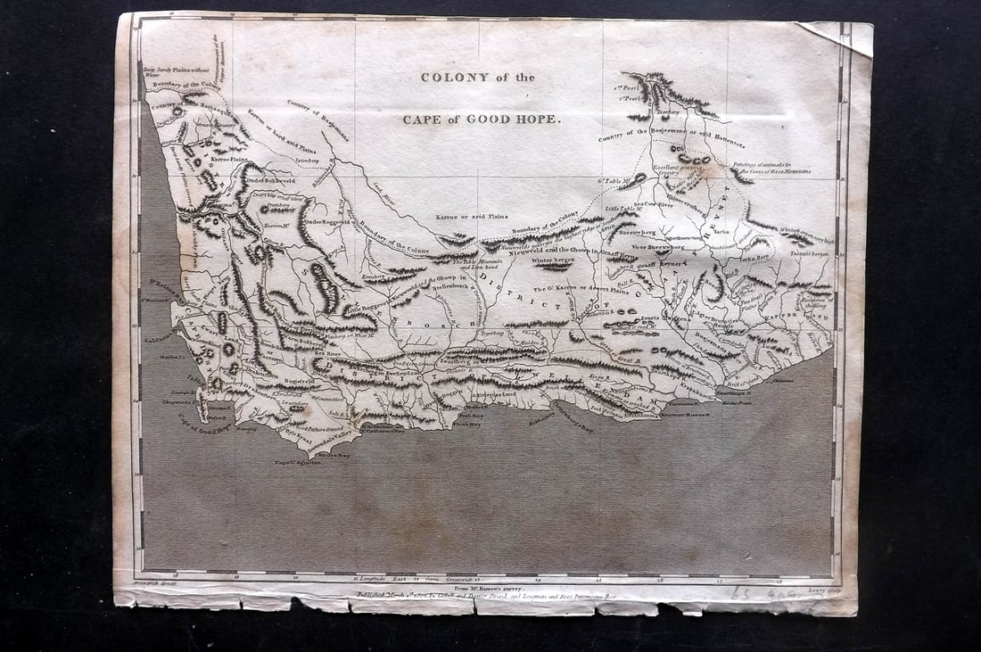 Pinkerton, John 1811 Antique Map. Cape of Good Hope, South Africa: "Colony of the Cape of Good Hope" Copper Engraved Map Published 1811, London for "Modern Geography. A Description of the Empires, Kingdoms, States and Colonies..." by John Pinkerton. Paper Size: 11 x 