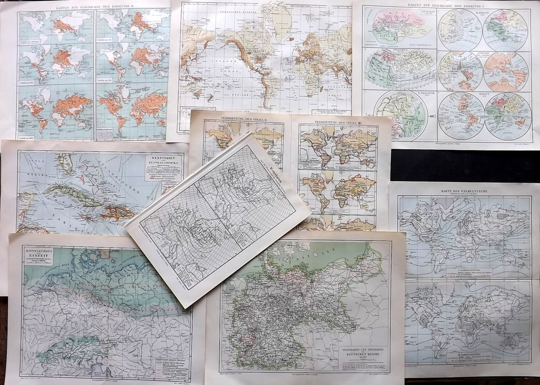 Meyer, Joseph 1898 Mixed Lot of 9 Antique Maps: Incl Ornithology Map, Central Europe, German Republic, West Indies, Winds, Historical and Classical Maps and others. Lithograph Maps Published 1893-98, Leipzig and Vienna for "Meyers Konversations-Lex