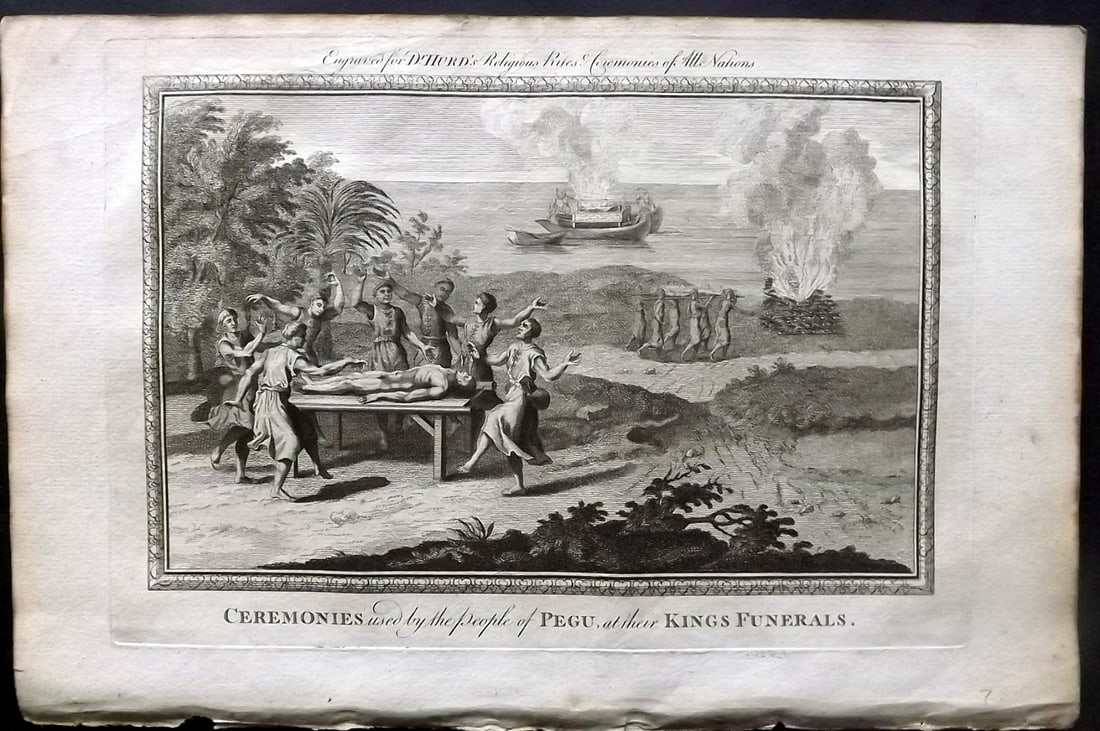 Hurd, William C1780 Folio Print. Burma - Ceremonies used by the People of Pegu: Folio Copper Plate Published 1779-1812, London for "A New Universal History of the Religious Rites, Ceremonies and Customs, of the Whole World…" by Dr. William Hurd. Paper Size: 13.75 x 9 inch (35 x