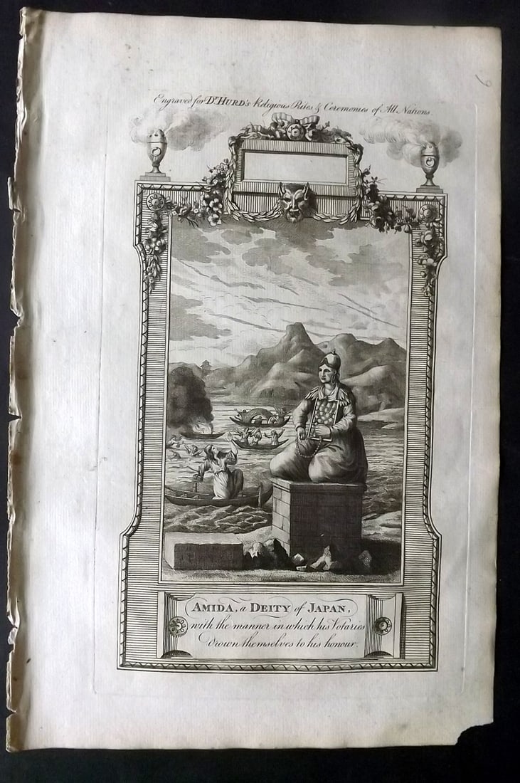 Hurd, William C1780 Folio Print. Japan - Amida a Deity: Folio Copper Plate Published 1779-1812, London for "A New Universal History of the Religious Rites, Ceremonies and Customs, of the Whole World…" by Dr. William Hurd. Paper Size: 13.75 x 9 inch (35 x