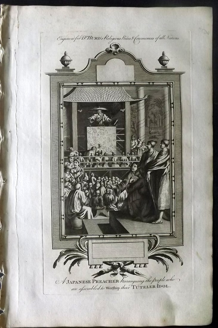 Hurd, William C1780 Folio Print. Japan - Preacher worship their Tuteler Idol: Folio Copper Plate Published 1779-1812, London for "A New Universal History of the Religious Rites, Ceremonies and Customs, of the Whole World…" by Dr. William Hurd. Paper Size: 13.75 x 9 inch (35 x