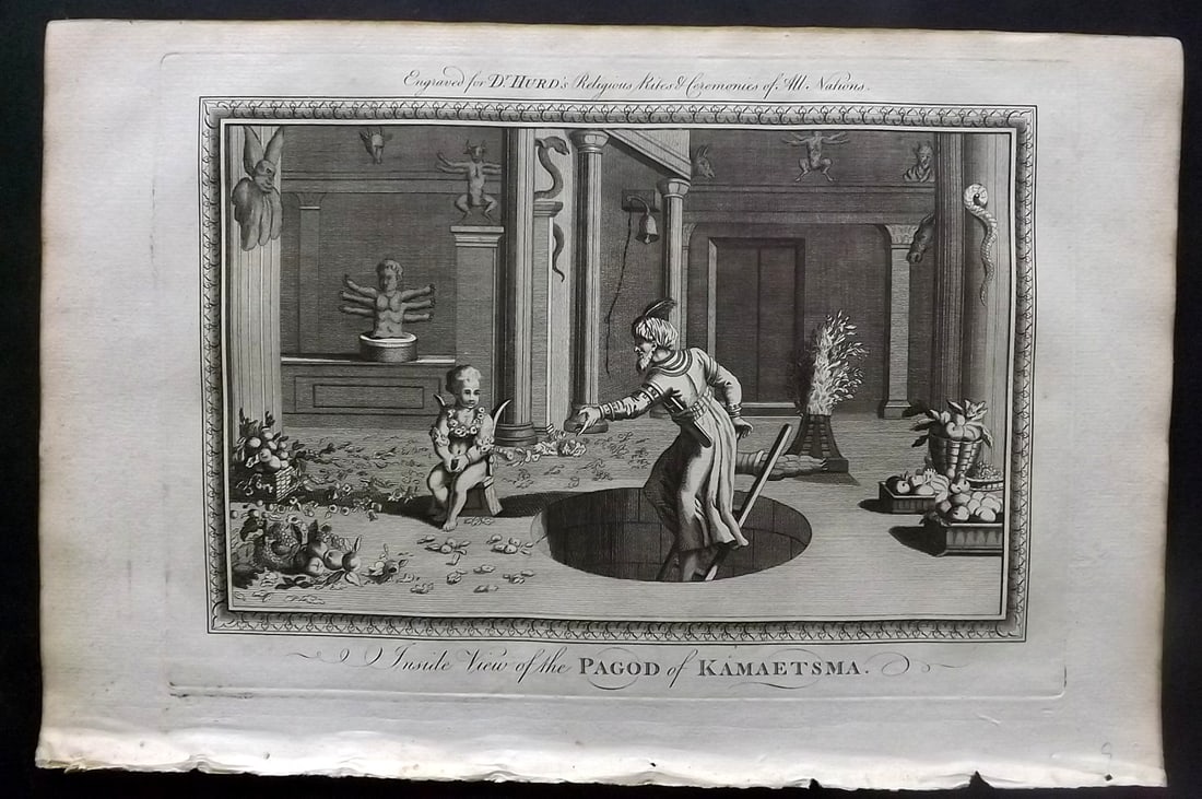 Hurd, William C1780 Folio Print. India - Pagod of Kamaetsma: Folio Copper Plate Published 1779-1812, London for "A New Universal History of the Religious Rites, Ceremonies and Customs, of the Whole World…" by Dr. William Hurd. Paper Size: 13.75 x 9 inch (35 x