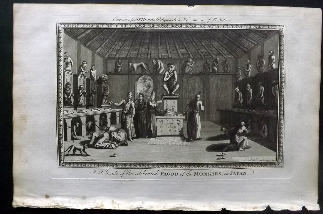 Hurd, William C1780 Folio Print. Japan - Pagod of the Monkeys: Folio Copper Plate Published 1779-1812, London for "A New Universal History of the Religious Rites, Ceremonies and Customs, of the Whole World…" by Dr. William Hurd. Paper Size: 13.75 x 9 inch (35 x