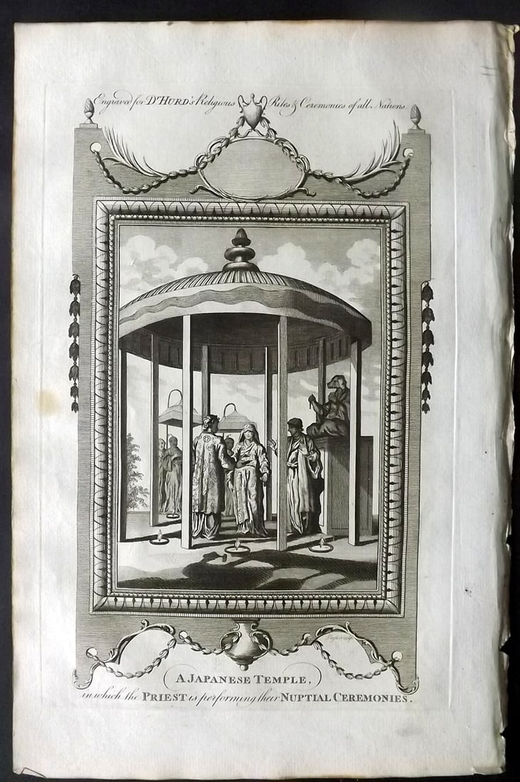 Hurd, William C1780 Folio Print. Japan - Temple, Priest performing Nuptial Ceremonies: Folio Copper Plate Published 1779-1812, London for "A New Universal History of the Religious Rites, Ceremonies and Customs, of the Whole World…" by Dr. William Hurd. Paper Size: 13.75 x 9 inch (35 x