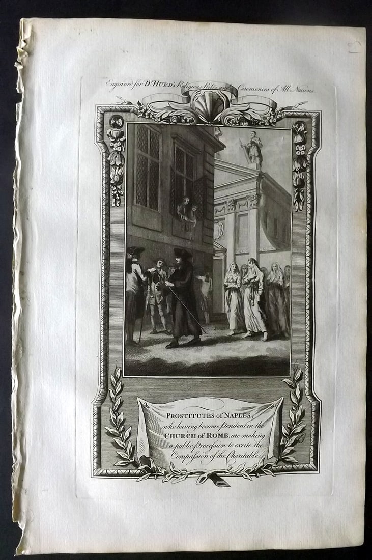 Hurd, William C1780 Folio Print. Italy - Prostitutes of Naples: Folio Copper Plate Published 1779-1812, London for "A New Universal History of the Religious Rites, Ceremonies and Customs, of the Whole World…" by Dr. William Hurd. Paper Size: 13.75 x 9 inch (35 x