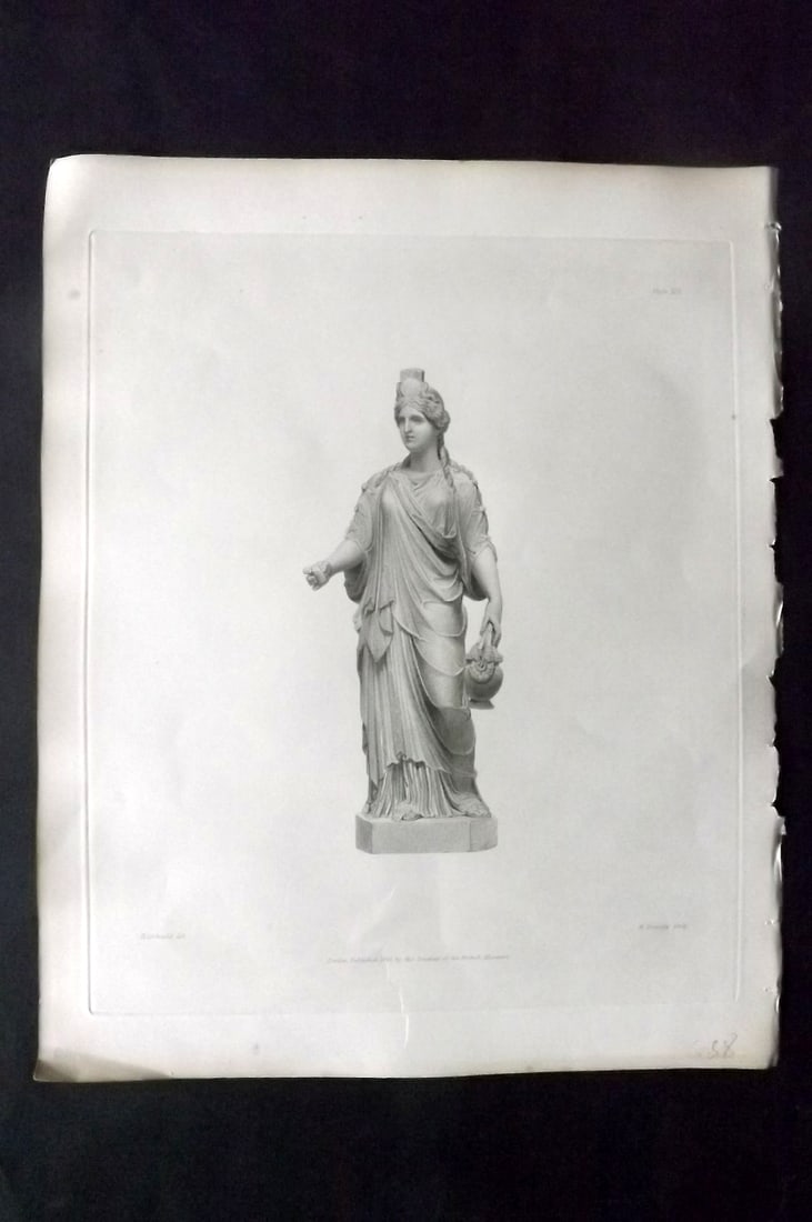 BM Marbles 1845 Folio Roman Statue Print. Ceres: Steel Engraving Published 1812-61, London for "A Description of the Collection of Ancient Marbles in the British Museum" by the British Museum, Department of Greek and Roman Antiquities. Paper Size: 1