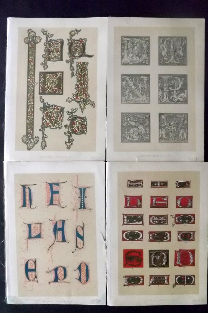 Tymms - Art of Illuminating 1860 Lot of 4 Antique Prints: Chromolithographs Published 1860, London for "The Art of Illuminating as Practised in Europe from the Earliest Times" by M. Digby Wyatt. Selected & Chromolithographed by William Robert Tymms. Paper Si