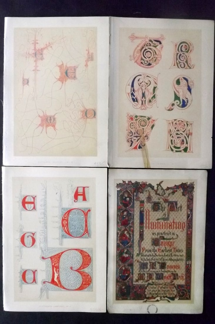 Tymms - Art of Illuminating 1860 Lot of 4 Antique Prints incl Title: Chromolithographs Published 1860, London for "The Art of Illuminating as Practised in Europe from the Earliest Times" by M. Digby Wyatt. Selected & Chromolithographed by William Robert Tymms. Paper Si