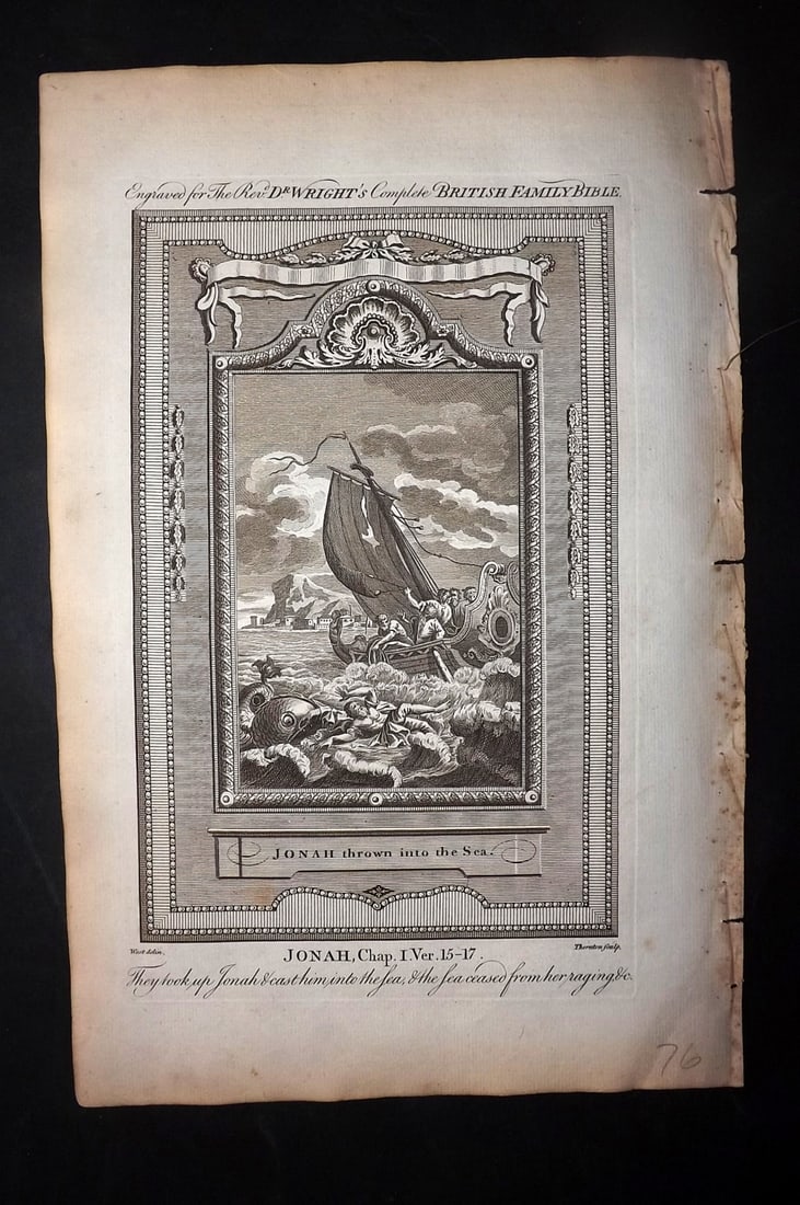 Wright, Paul 1782 Folio Religious Print. Jonah and the Whale, Sea Monster: Folio Copper Plate Published 1782, London for "The Complete British Family Bible…" by Paul Wright. Paper Size: 15 x 10 inch (38 x 25cm) Good Condition