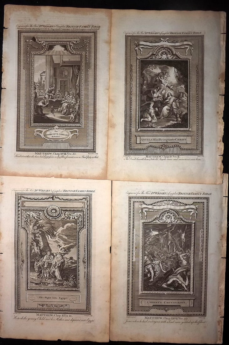 Wright, Paul 1782 Lot of 4 Folio Religious Prints: Folio Copper Plate Published 1782, London for "The Complete British Family Bible…" by Paul Wright. Paper Size: 15 x 10 inch (38 x 25cm) Good Condition