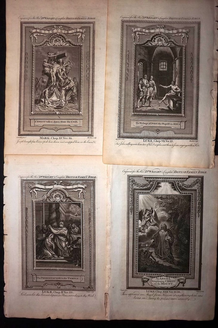 Wright, Paul 1782 Lot of 4 Folio Religious Prints: Folio Copper Plate Published 1782, London for "The Complete British Family Bible…" by Paul Wright. Paper Size: 15 x 10 inch (38 x 25cm) Good Condition