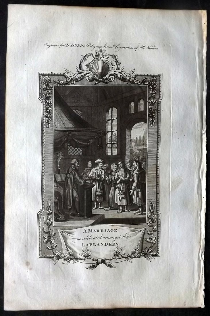 Hurd, William C1780 Folio Print. Lapland - A Marriage: Folio Copper Plate Published 1779-1812, London for "A New Universal History of the Religious Rites, Ceremonies and Customs, of the Whole World…" by Dr. William Hurd. Paper Size: 13.75 x 9 inch (35 x