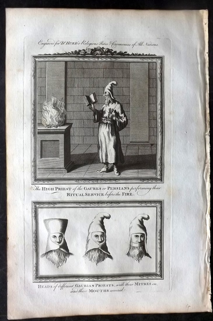 Hurd, William C1780 Folio Print. Persia - Gaurian Preists: Folio Copper Plate Published 1779-1812, London for "A New Universal History of the Religious Rites, Ceremonies and Customs, of the Whole World…" by Dr. William Hurd. Paper Size: 13.75 x 9 inch (35 x