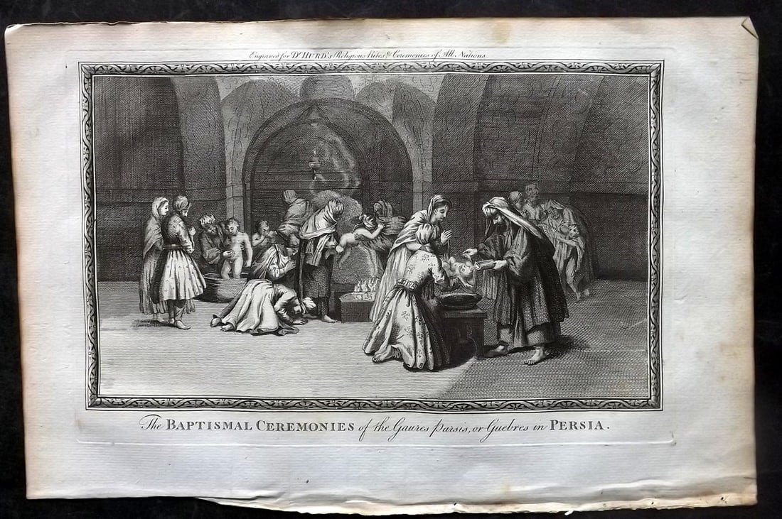 Hurd, William C1780 Folio Print. Persia - Baptismal Ceremonies: Folio Copper Plate Published 1779-1812, London for "A New Universal History of the Religious Rites, Ceremonies and Customs, of the Whole World…" by Dr. William Hurd. Paper Size: 13.75 x 9 inch (35 x