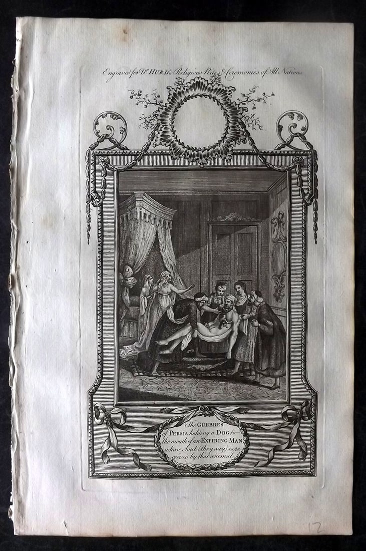 Hurd, William C1780 Folio Print. Persia - Holding a dog to the mouth of an Expiring Man: Folio Copper Plate Published 1779-1812, London for "A New Universal History of the Religious Rites, Ceremonies and Customs, of the Whole World…" by Dr. William Hurd. Paper Size: 13.75 x 9 inch (35 x
