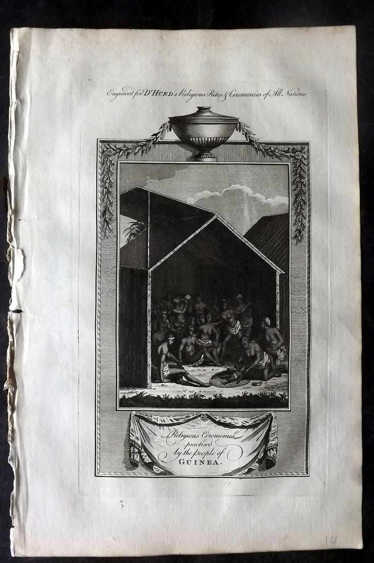 Hurd, William C1780 Folio Print. Africa Guinea - Religious Ceremony: Folio Copper Plate Published 1779-1812, London for "A New Universal History of the Religious Rites, Ceremonies and Customs, of the Whole World…" by Dr. William Hurd. Paper Size: 13.75 x 9 inch (35 x