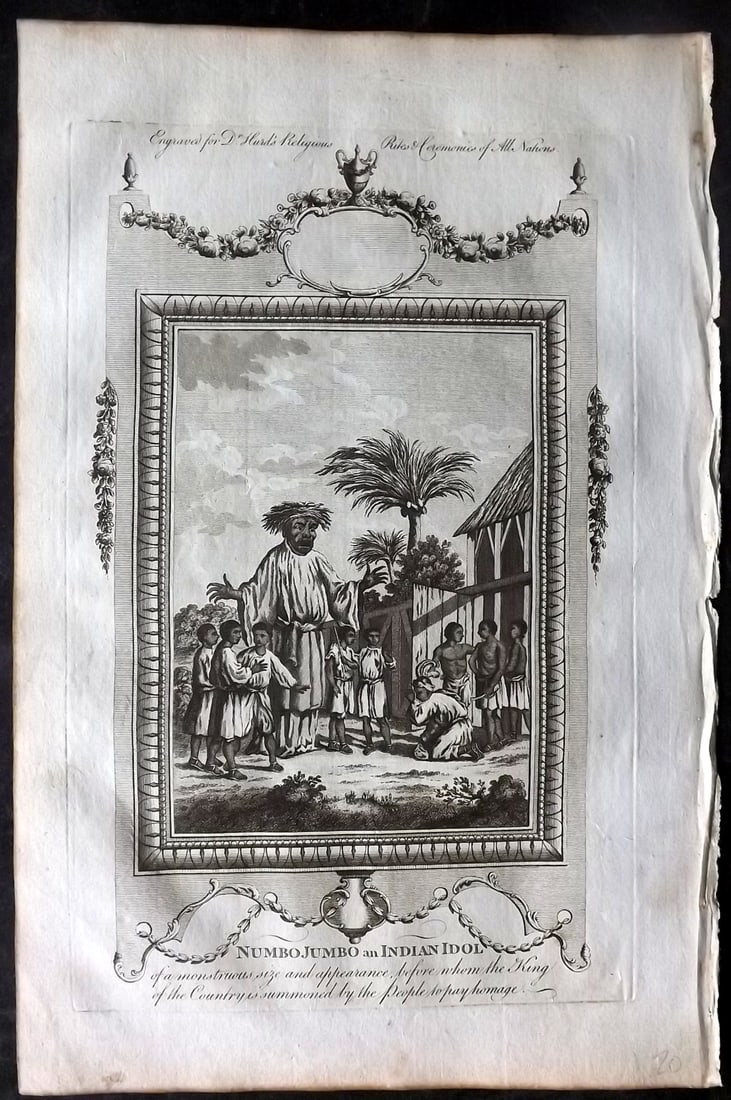 Hurd, William C1780 Folio Print. Africa - Numbo Jumbo, a Giant Indian Idol: Folio Copper Plate Published 1779-1812, London for "A New Universal History of the Religious Rites, Ceremonies and Customs, of the Whole World…" by Dr. William Hurd. Paper Size: 13.75 x 9 inch (35 x
