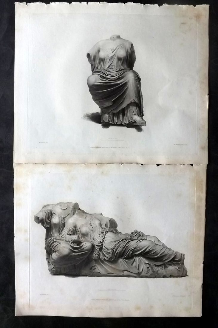 BM Marbles 1830 Pair of Folio Greek Statue Prints. Plates 10, 11: Copper Plates Published 1812-61, London for "A Description of the Collection of Ancient Marbles in the British Museum" by the British Museum, Department of Greek and Roman Antiquities. Paper Size: 13.