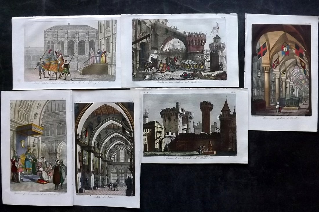 Ferrario, Giulio 1831 Lot of 6 Hand Col Prints. Castles, Armoury, Ceremony (1 of 2)