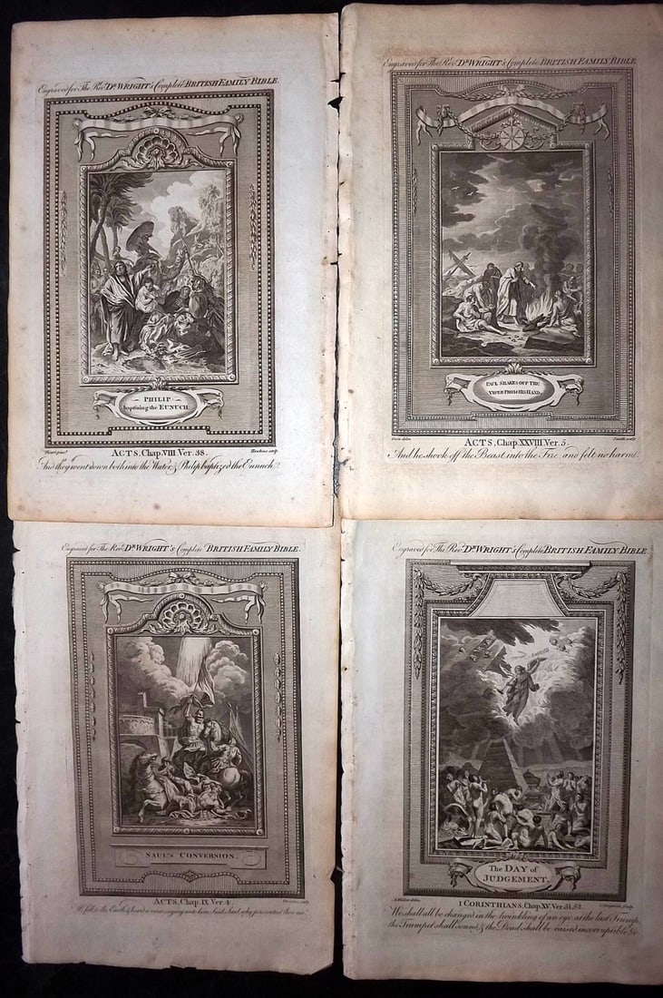 Wright, Paul 1782 Lot of 4 Folio Religious Prints: Folio Copper Plate Published 1782, London for "The Complete British Family Bible…" by Paul Wright. Paper Size: 15 x 10 inch (38 x 25cm) Good Condition