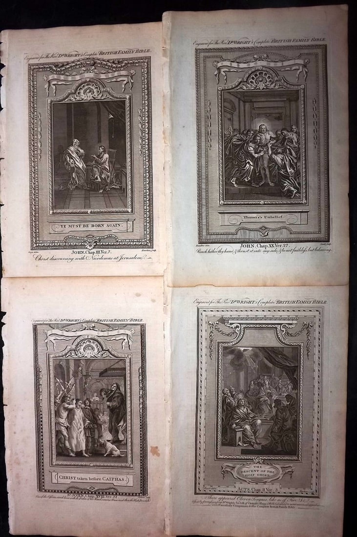 Wright, Paul 1782 Lot of 4 Folio Religious Prints: Folio Copper Plate Published 1782, London for "The Complete British Family Bible…" by Paul Wright. Paper Size: 15 x 10 inch (38 x 25cm) Good Condition