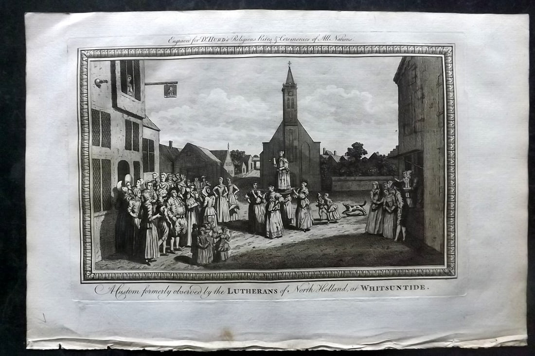 Hurd, William C1780 Folio Print. Netherlands - Assembly of Quakers, Amsterdam: Folio Copper Plate Published 1779-1812, London for "A New Universal History of the Religious Rites, Ceremonies and Customs, of the Whole World?" by Dr. William Hurd. Paper Size: 13.75 x 9 inch (35 x 2