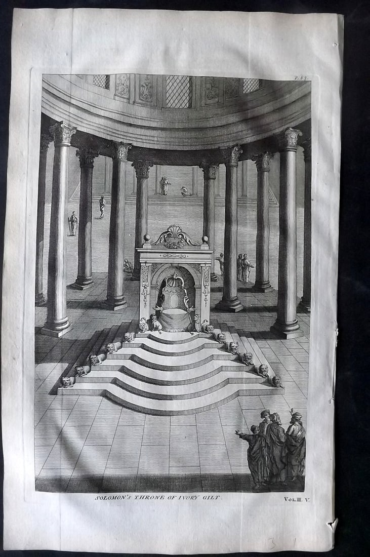Calmet, Augustin 1732 Folio Print. Solomon's Throne of Ivory Gilt: Folio Copper Plate Published 1732, London for "An Historical, Critical, Geographical, Chronological and Etymological Dictionary of the Holy Bible" First English Edition by Augustin Calmet. Paper Size: