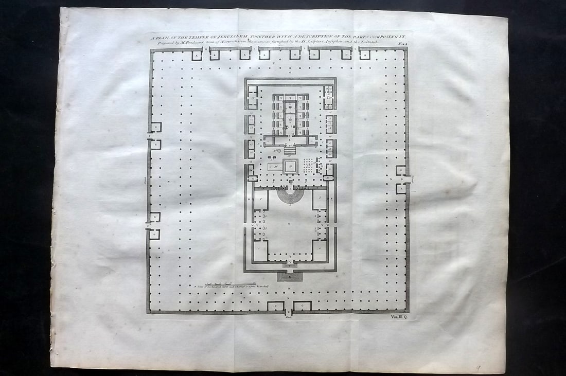 Calmet, Augustin 1732 LG Folio Print. Plan of the Temple of Jerusalem: Folio Copper Plate Published 1732, London for "An Historical, Critical, Geographical, Chronological and Etymological Dictionary of the Holy Bible" First English Edition by Augustin Calmet. Folds as is