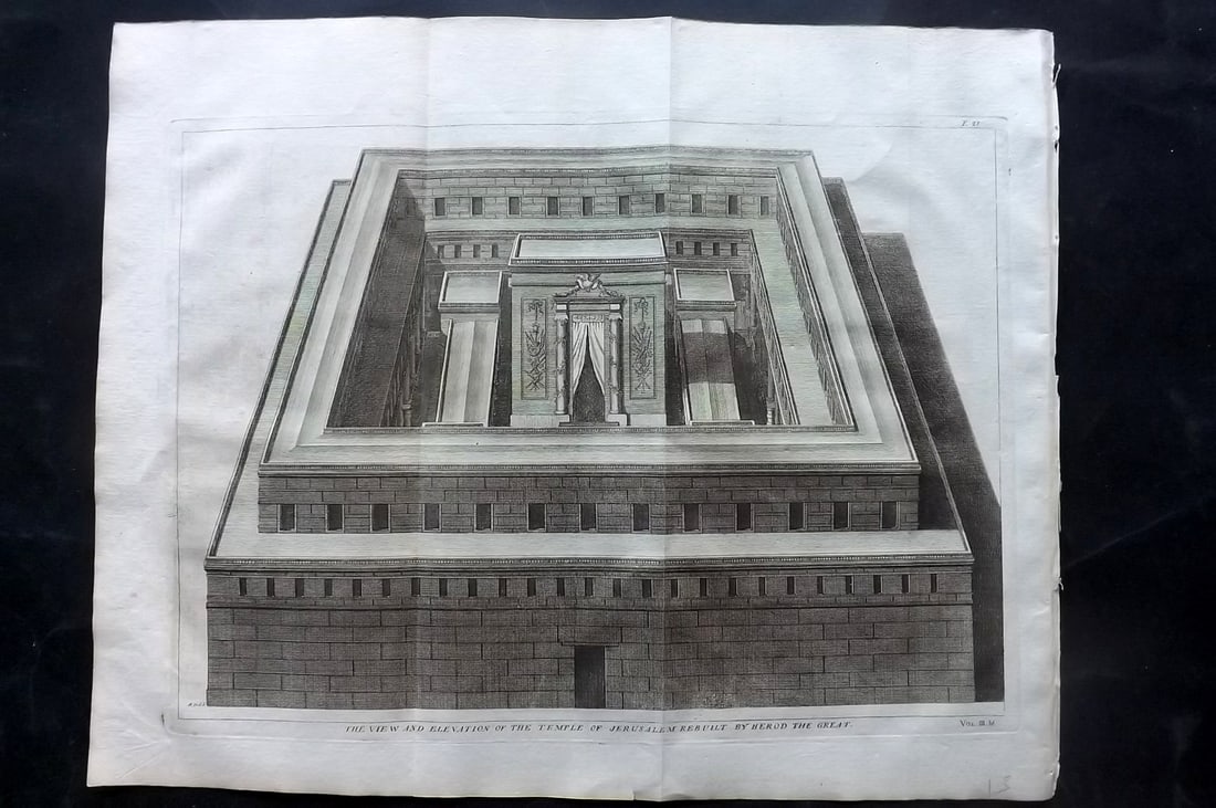 Calmet, Augustin 1732 LG Folio Print. View and Elevation of Herod's Temple: "The View and Elevation of the Temple of Jerusalem Rebuilt by Herod the Great" Folio Copper Plate Published 1732, London for "An Historical, Critical, Geographical, Chronological and Etymological Dict