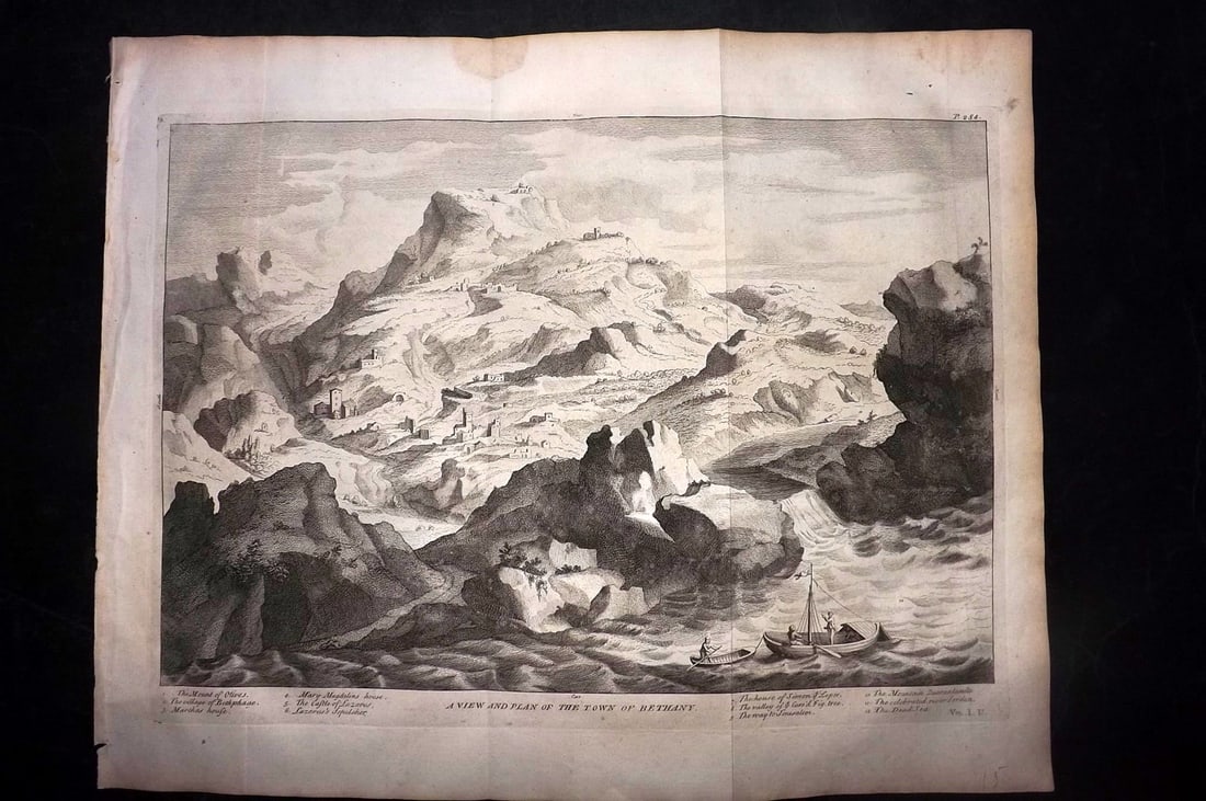 Calmet, Augustin 1732 LG Folio Print. View and Plan of the Town of Bethany: Folio Copper Plate Published 1732, London for "An Historical, Critical, Geographical, Chronological and Etymological Dictionary of the Holy Bible" First English Edition by Augustin Calmet. Folds as is