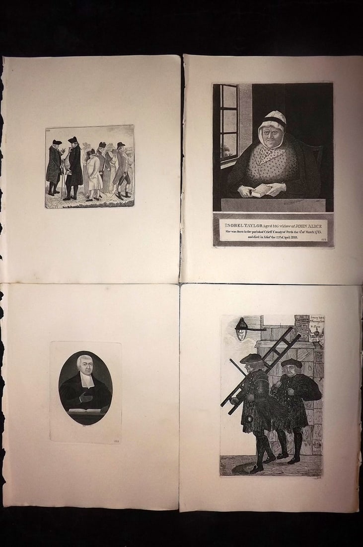 Kay, John 1877 Lot of 4 Scottish Caricatures: Etchings Published 1877, Edinburgh for "A Series of Original Portraits and Caricature Etchings" by John Kay. Paper Size: 10.5 x 8.5 inch (27 x 22cm) Good Condition