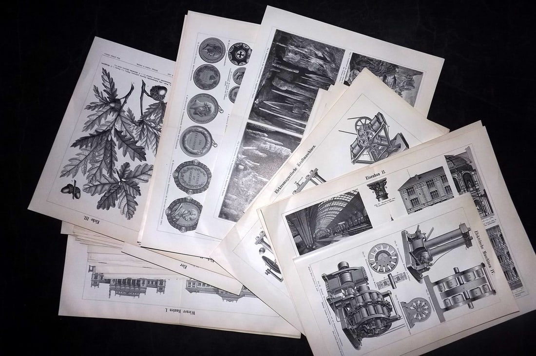 Meyer, Joseph 1898 Mixed Lot of 42 Antique Prints: 42 Sheets - Most double sided, a few with plain backs. Incl Architecture, Views, Birds, Natural History, Botanical, Science & Tech, etc. Lithographs Published 1893-98, Leipzig and Vienna for "Meyers K