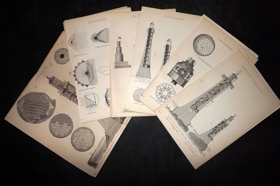 Lighthouses 19th Cent. Lot of 11 Antique Prints: Lot of Engravings, Woodblocks and Lithographs with plain backs. Examples from The National Encyclopedia, Blackie's Pouplar Encyclopedia, and others. Paper Size: Mostly 9.5 x 6 inch (24 x 16cm) Approx.
