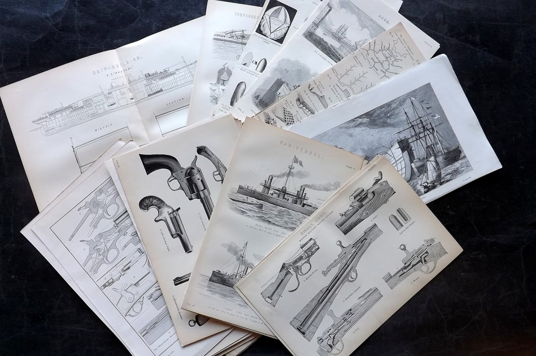 Military & Naval 19th Cent. Lot of 40 Antique Prints: Lot of Engravings, Woodblocks and Lithographs with plain backs. Examples from The National Encyclopedia, Blackie's Pouplar Encyclopedia, and others. Paper Size: Mostly 9.5 x 6 inch (24 x 16cm) Approx.