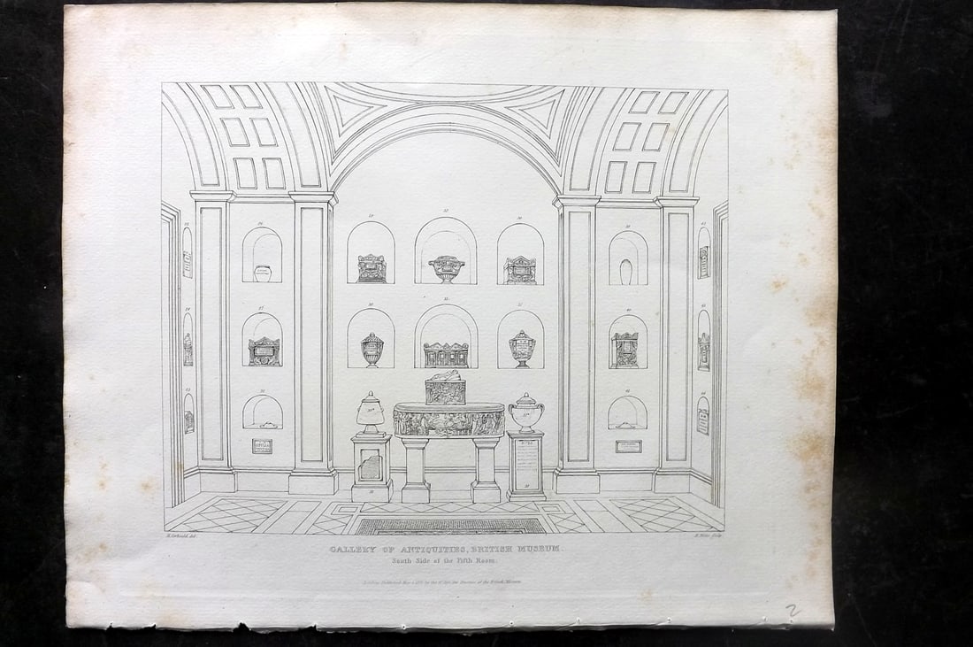 BM Marbles 1822 Folio Print. Gallery at the British Museum, South Side (1 of 2)