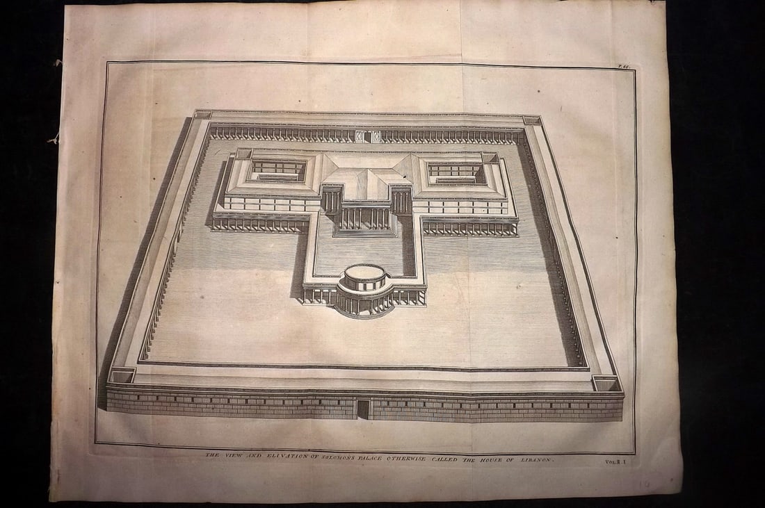 Calmet, Augustin 1732 LG Folio Print. View & Elevation of Solomons Palace: Folio Copper Plate Published 1732, London for "An Historical, Critical, Geographical, Chronological and Etymological Dictionary of the Holy Bible" First English Edition by Augustin Calmet. Folds as is