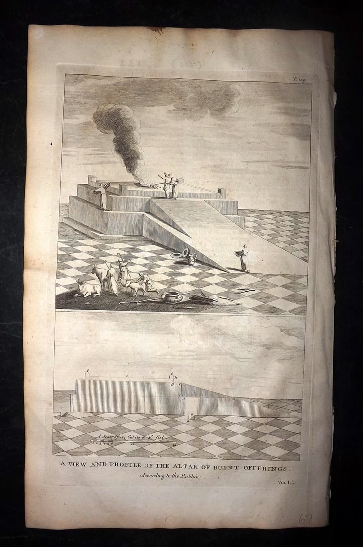 Calmet, Augustin 1732 Folio Print. Altar of Burnt Offerings: Folio Copper Plate Published 1732, London for "An Historical, Critical, Geographical, Chronological and Etymological Dictionary of the Holy Bible" First English Edition by Augustin Calmet. Folds as is