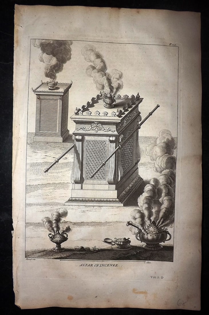 Calmet, Augustin 1732 Folio Print. Altar of Incense: Folio Copper Plate Published 1732, London for "An Historical, Critical, Geographical, Chronological and Etymological Dictionary of the Holy Bible" First English Edition by Augustin Calmet. Folds as is