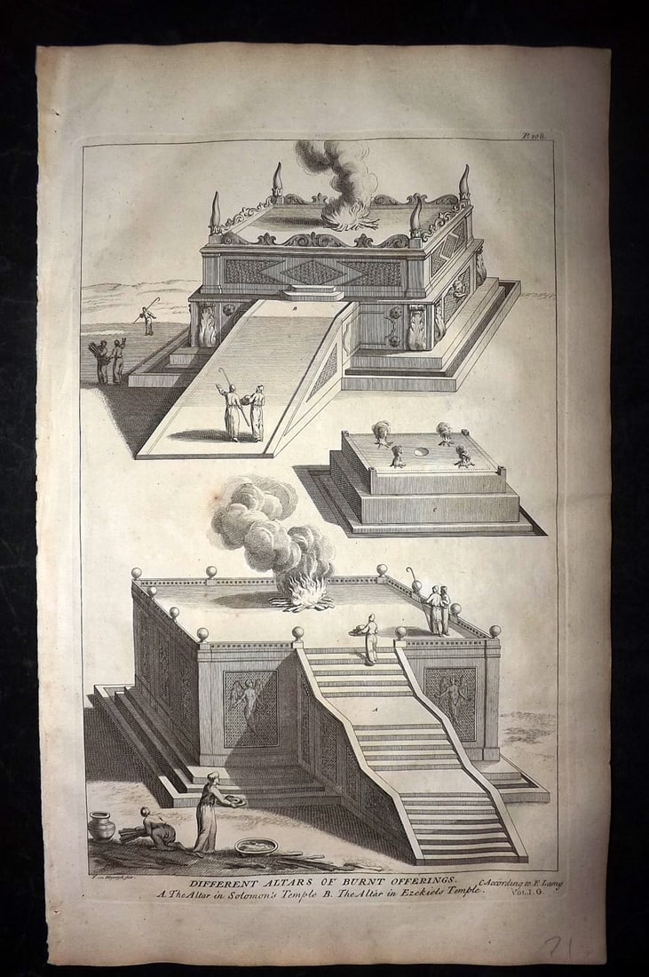Calmet, Augustin 1732 Folio Print. Different Altars of Burnt Offerings: Folio Copper Plate Published 1732, London for "An Historical, Critical, Geographical, Chronological and Etymological Dictionary of the Holy Bible" First English Edition by Augustin Calmet. Folds as is