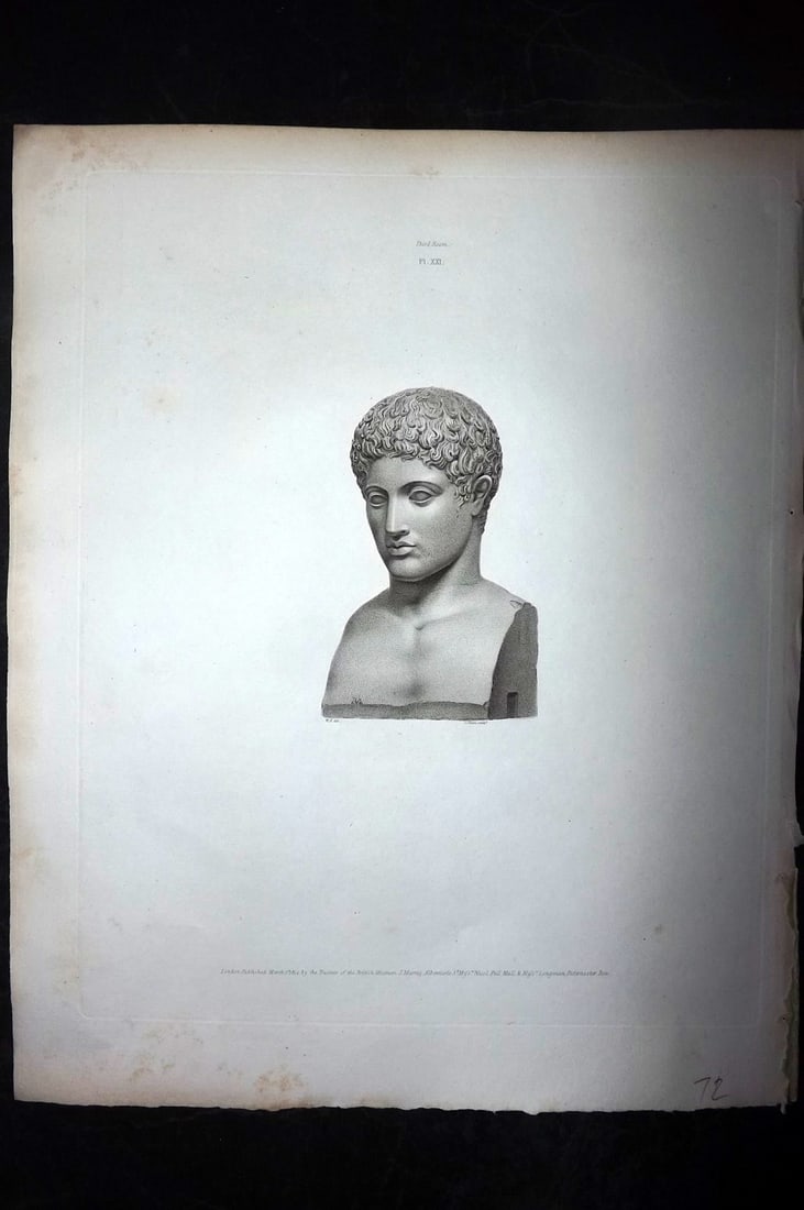 BM Marbles 1815 Folio Greek Statue Print. Head of Mercury 21: Copper Plates Published 1812-61, London for "A Description of the Collection of Ancient Marbles in the British Museum" by the British Museum, Department of Greek and Roman Antiquities. Paper Size: 13.