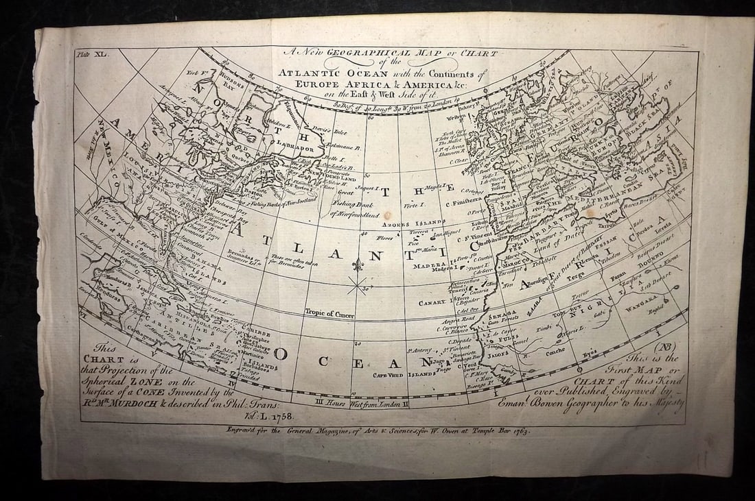 Martin, Benjamin 1772 Antique Map. Atlantic Ocean with Europe Africa America (1 of 1)