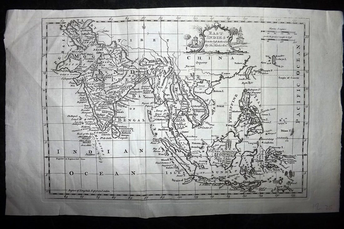 Guthrie & Kitchin 1782 Map. East Indies: Copper Engraved Map Published 1782, London for "A New Geographical, Historical and Commercial Grammar..." by William Guthrie. The maps are by John Senex, Thomas Kitchin and others. Folds as issued. Pa