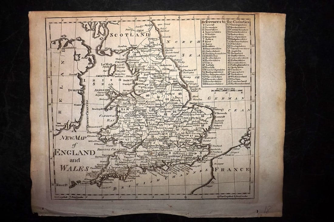 Barclay, James 1808 Antique Map. A New Map of England and Wales: Copper Engraved Map Published 1806, London for "Barclay's Complete and Universal English Dictionary" by the Rev. James Barclay. Paper Size: 10 x 8 inch (26 x 21cm) Good Condition