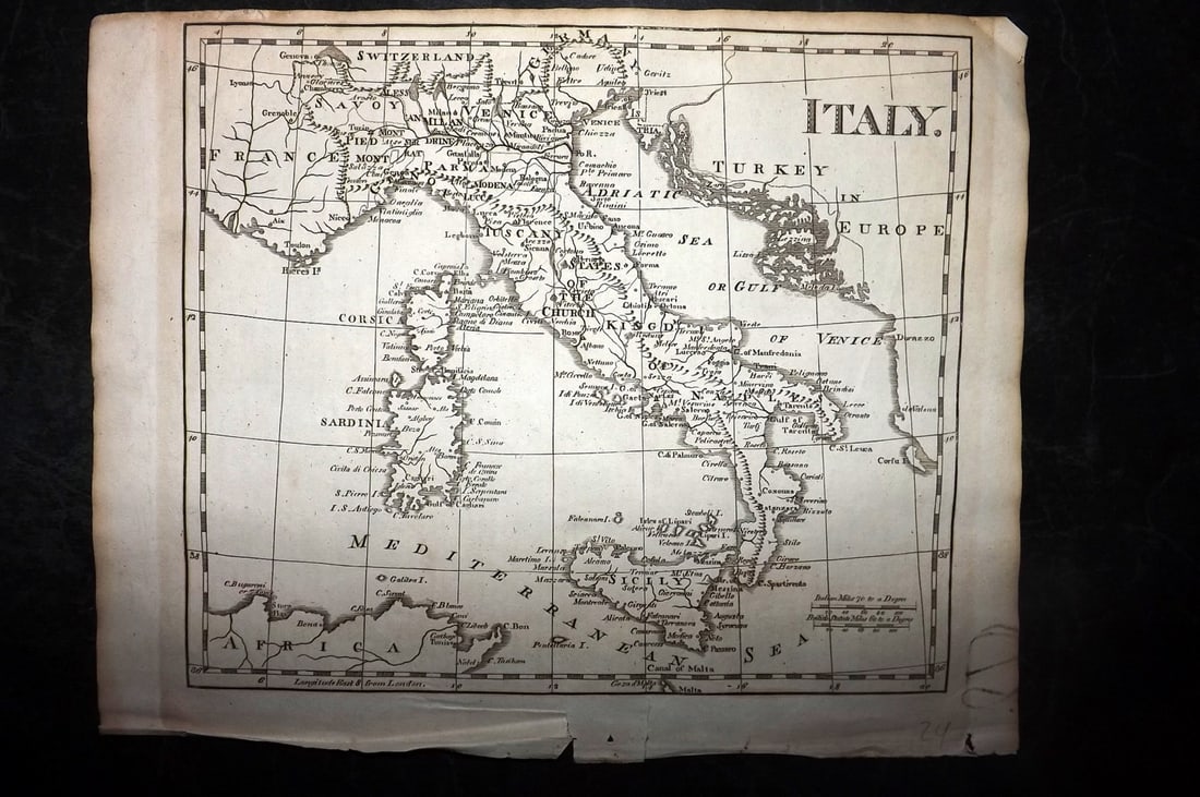 Barclay, James 1808 Antique Map. Italy: Copper Engraved Map Published 1806-09, London for "Barclay's Complete and Universal English Dictionary" by the Rev. James Barclay. Paper Size: 10 x 8 inch (26 x 21cm) Small bottom margin tear. Good Co