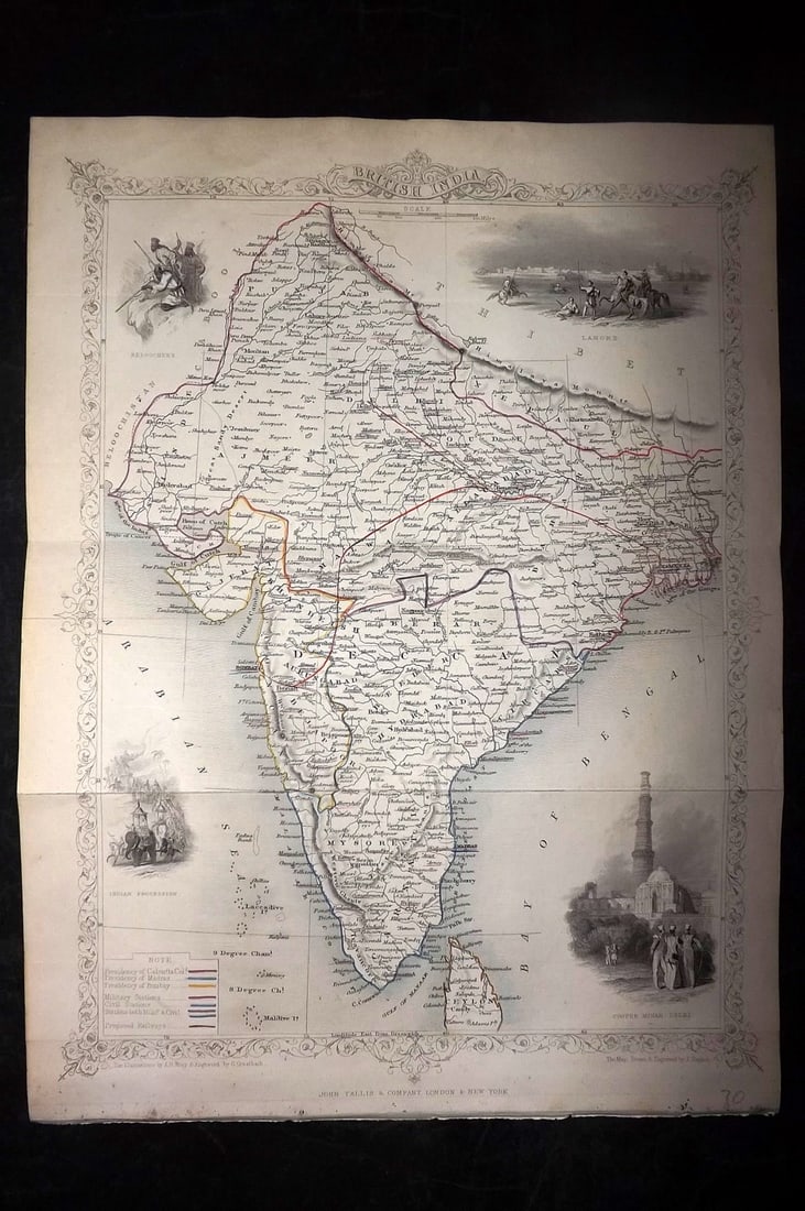 Tallis, John (Pub) 1854 Antique Map. British India: Steel Engraved Map Published 1853-4 by John Tallis, London for "The Life and Times of the Late Duke of Wellington" by Thomas Gaspey. Drawn and Engraved by J. Rapkin. Folds as issued. Paper Size: 13.75