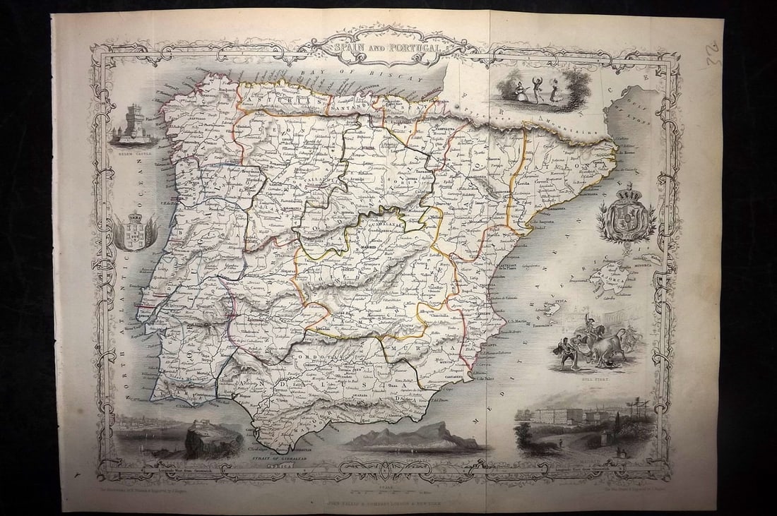 Tallis, John (Pub) 1854 Antique Map. Spain and Portugal: Steel Engraved Map Published 1853-4 by John Tallis, London for "The Life and Times of the Late Duke of Wellington" by Thomas Gaspey. Drawn and Engraved by J. Rapkin. Folds as issued. Paper Size: 13.75