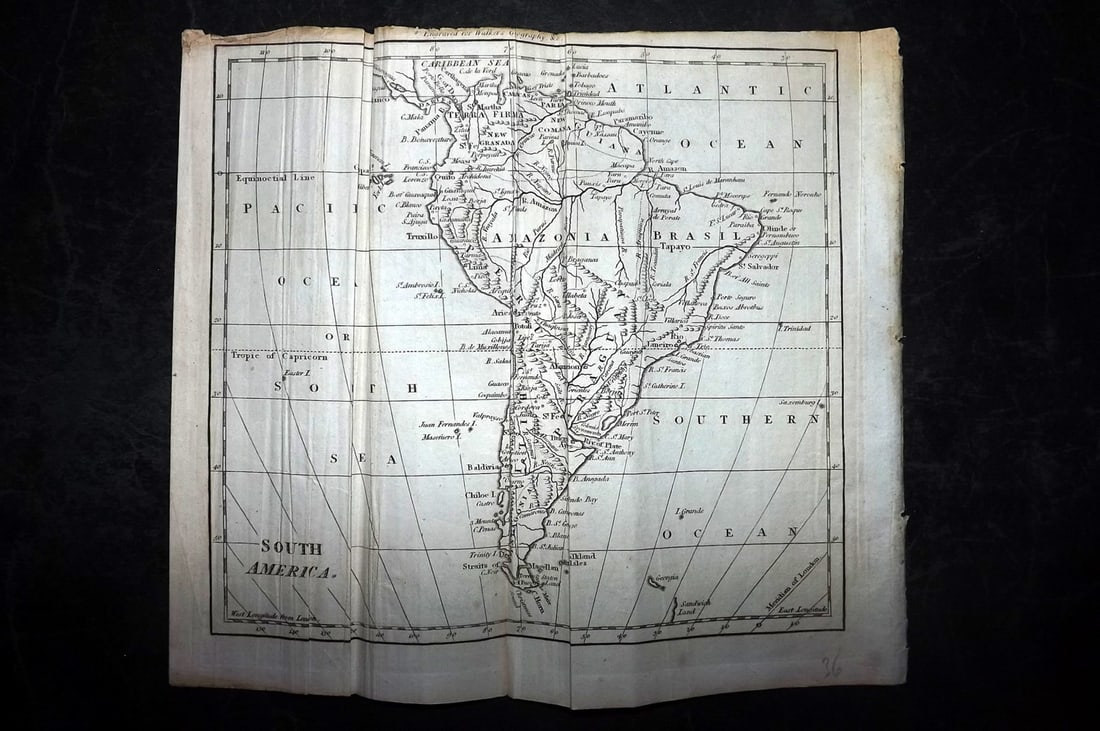 Walker, John C1805 Antique Map. South America: Copper Engraved Map Published C1805, London for "The Universal Gazetteer: Being a Concise Description" [Walker's Geography] by John Walker. Folds as issued. Paper Size: 10 x 8 inch (25 x 20cm) Some cr