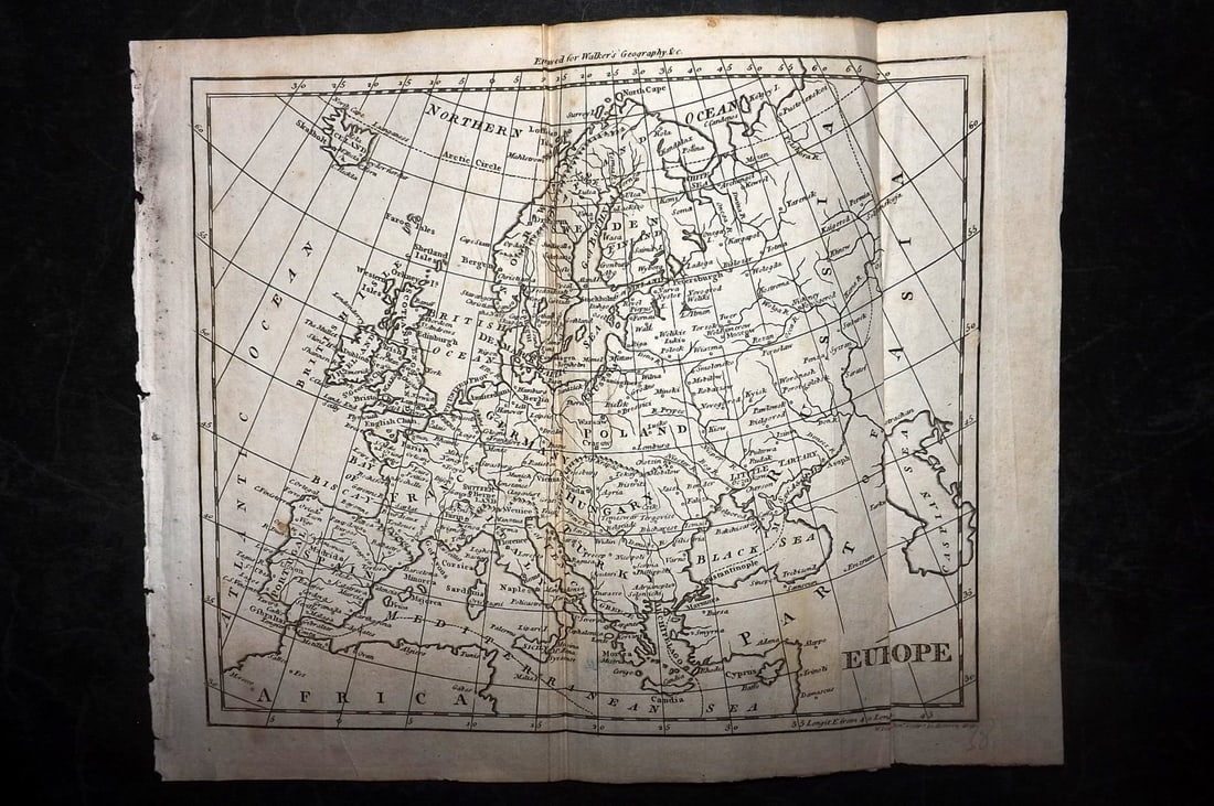 Walker, John C1805 Antique Map. Europe: Copper Engraved Map Published C1805, London for "The Universal Gazetteer: Being a Concise Description" [Walker's Geography] by John Walker. Folds as issued. Paper Size: 10 x 8 inch (25 x 20cm) Some wr
