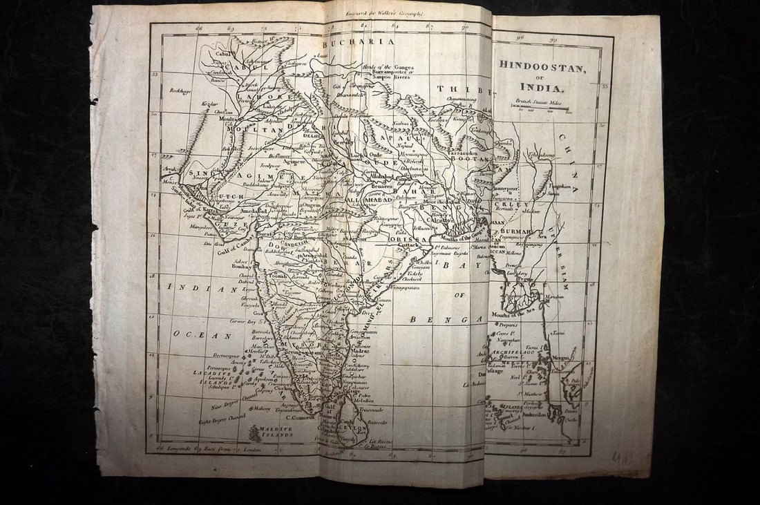 Walker, John C1805 Antique Map. Hindoostan or India: Copper Engraved Map Published C1805, London for "The Universal Gazetteer: Being a Concise Description" [Walker's Geography] by John Walker. Folds as issued. Paper Size: 10 x 8 inch (25 x 20cm) Minor w